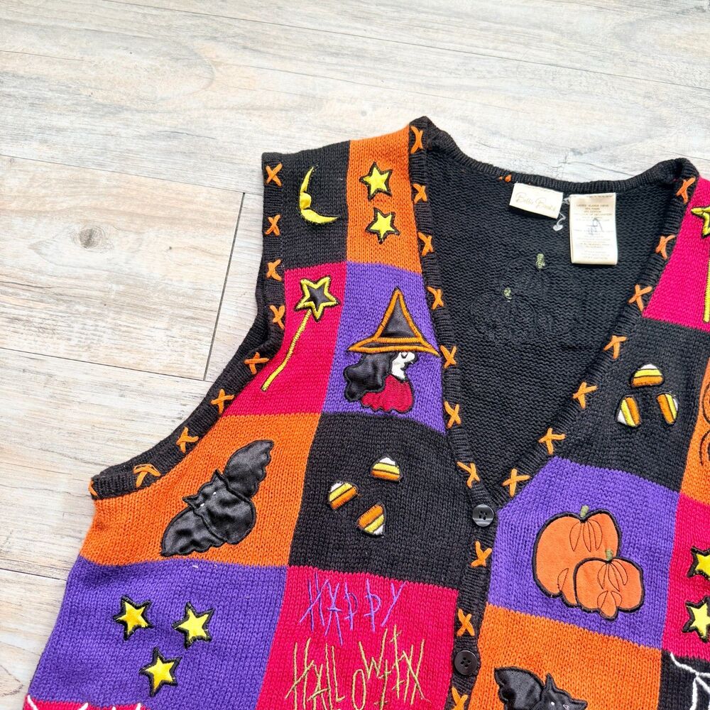 Vintage Halloween Sweater Patchwork Vest XL Witch Pumpkin Bat 90s Knit Kitschy - Picture 9 of 10